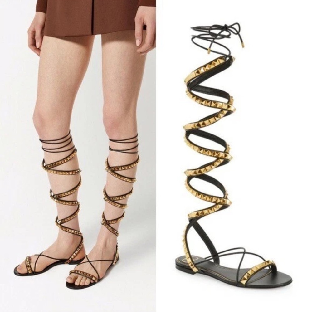 Valentino Garavani Black and Gold Strappy Sandals - Picture 3 of 9